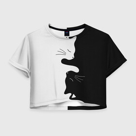 Женская футболка Crop-top 3D с принтом Коты инь янь в Рязани, 100% полиэстер | круглая горловина, длина футболки до линии талии, рукава с отворотами | cat | домашние животные | звери | инь и янь | инь янь | кот | коты | кошка | кошки | черно белое | чернобелое | черное и белое