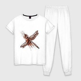 Женская пижама хлопок с принтом Медная стрекоза в Рязани, 100% хлопок | брюки и футболка прямого кроя, без карманов, на брюках мягкая резинка на поясе и по низу штанин | dragonfly | графика | крылья | летать | медный | насекомое | рисунок | стрекоза