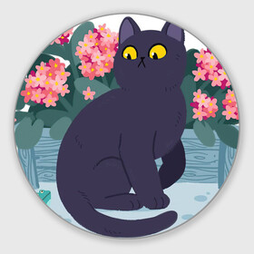 Коврик для мышки круглый с принтом Кот, лягушка и клумба в Рязани, резина и полиэстер | круглая форма, изображение наносится на всю лицевую часть | Тематика изображения на принте: арт | клумба | космос | кот | котейка | кошка | лягушка | рисунок | розовые цветы | розовый цветок | цветы | чёрная кошка | чёрный кот
