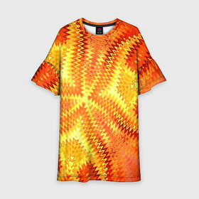 Детское платье 3D с принтом Желто-оранжевая абстракция  в Рязани, 100% полиэстер | прямой силуэт, чуть расширенный к низу. Круглая горловина, на рукавах — воланы | Тематика изображения на принте: желто оранжевый | желтый | зигзаги | иллюзия | креативный | летний | осенний | фентези