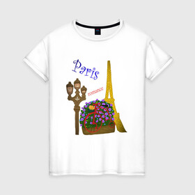 Женская футболка хлопок с принтом Кусочек Парижа в Рязани, 100% хлопок | прямой крой, круглый вырез горловины, длина до линии бедер, слегка спущенное плечо | . | велик | велосипед | виласипед | города | любовь | мерцание | надписи | париж | путешествие | романтика | текст | фонарь | франция | цветы | эйфелева башня