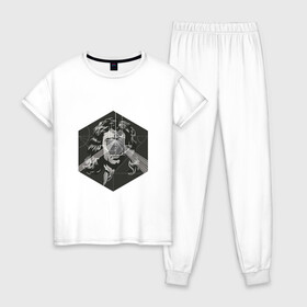 Женская пижама хлопок с принтом Исаак Ньютон в Рязани, 100% хлопок | брюки и футболка прямого кроя, без карманов, на брюках мягкая резинка на поясе и по низу штанин | арт | исаак ньютон | ньютон | рисунок | учёный | физик | физика | чёрно белый | черно белый рисунок | яблоко