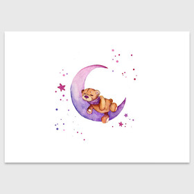Поздравительная открытка с принтом Плюшевый мишка спит на луне в Рязани, 100% бумага | плотность бумаги 280 г/м2, матовая, на обратной стороне линовка и место для марки
 | Тематика изображения на принте: bedtime | dream | moon | night | sleep | stars | teddy bear | акварель | акварельный | детский | дизайн | звездный | звезды | игрушка | луна | малыш | малышковый | медведь | милый | мишка | ночь | плюшевый | розовый | сиреневый