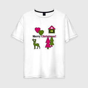 Женская футболка хлопок Oversize с принтом С рождеством! в Рязани, 100% хлопок | свободный крой, круглый ворот, спущенный рукав, длина до линии бедер
 | детский | домик | елки | модный | олень | пиксельный узор | рождество | сердце