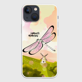 Чехол для iPhone 13 mini с принтом Стрекоза. Воспоминания о лете в Рязани,  |  | лето | насекомое | небо | облака | пейзаж | поле | стрекоза
