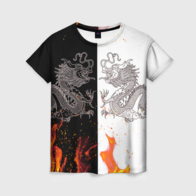 Женская футболка 3D с принтом Драконы Черный и Белый | Огонь в Рязани, 100% полиэфир ( синтетическое хлопкоподобное полотно) | прямой крой, круглый вырез горловины, длина до линии бедер | beast | dragon | fire | дракон | животные | зверь | змей | когти | огонь | пламя | узор | чб | японский