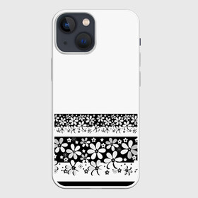 Чехол для iPhone 13 mini с принтом Черно белый цветочный принт в Рязани,  |  | белый | детский | для девушек | кайма | летний | ромашки | цветочный | цветы | черно белый | черный