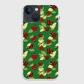 Чехол для iPhone 13 mini с принтом Божьи коровки на зеленом фоне в Рязани,  |  | autumn | beetles | childrens | green | hide and seek | insects | ladybugs | leaves | play | print | red | summer | watch | yellow | божьи коровки | детский | желтые | жуки | зеленые | играют | красные | лето | листья | насекомые | осень | принт | прятки |