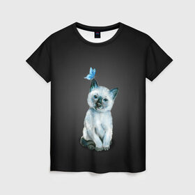 Женская футболка 3D с принтом Тайский котенок с бабочкой в Рязани, 100% полиэфир ( синтетическое хлопкоподобное полотно) | прямой крой, круглый вырез горловины, длина до линии бедер | Тематика изображения на принте: акварель | бабочка | кот | котенок | котик | кошечка | кошка | смешной | тайский | темный