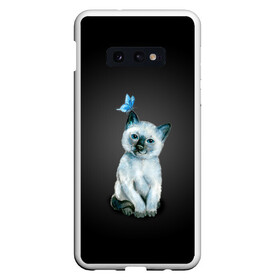 Чехол для Samsung S10E с принтом Тайский котенок с бабочкой в Рязани, Силикон | Область печати: задняя сторона чехла, без боковых панелей | Тематика изображения на принте: акварель | бабочка | кот | котенок | котик | кошечка | кошка | смешной | тайский | темный