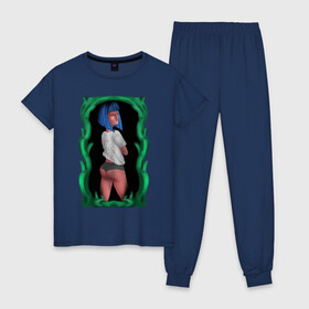 Женская пижама хлопок с принтом Нарисованная девушка в Рязани, 100% хлопок | брюки и футболка прямого кроя, без карманов, на брюках мягкая резинка на поясе и по низу штанин | арт | девушка | рисунок | рисунок девушки | синие волосы