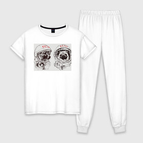 Женская пижама хлопок с принтом Собаки - космонавты в Рязани, 100% хлопок | брюки и футболка прямого кроя, без карманов, на брюках мягкая резинка на поясе и по низу штанин | в тренде. | космос | собаки | собаки на белом фоне | ссср