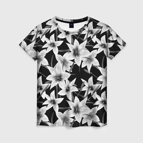 Женская футболка 3D с принтом Лилии черно-белые  в Рязани, 100% полиэфир ( синтетическое хлопкоподобное полотно) | прямой крой, круглый вырез горловины, длина до линии бедер | белые лилии | лето | лилии | монохромный | современный | цветочный | цветы | черный и белый