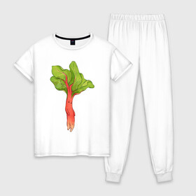 Женская пижама хлопок с принтом Ревень в Рязани, 100% хлопок | брюки и футболка прямого кроя, без карманов, на брюках мягкая резинка на поясе и по низу штанин | арт | зелень | красный | мило | милота | овощ | овощи | ревень | рисунок | свежие овощи | свежий овощ | свежий продукт