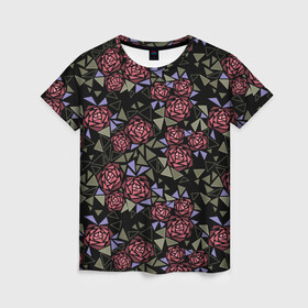Женская футболка 3D с принтом Цветочная мозаика  в Рязани, 100% полиэфир ( синтетическое хлопкоподобное полотно) | прямой крой, круглый вырез горловины, длина до линии бедер | абстрактные цветы | абстрактный | геометрический | коричневый | оливковый | розовый | цветочный