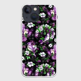 Чехол для iPhone 13 mini с принтом Птички в вечернем саду в Рязани,  |  | акварель | акварельный | вечер | вечерний | ежевика | ежевичка | звездочки | звезды | птицы | птички | темный | цветочный | цветы | ягодки | ягоды