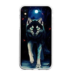 Чехол для iPhone XS Max матовый с принтом КРАСИВЫЙ ВОЛК в Рязани, Силикон | Область печати: задняя сторона чехла, без боковых панелей | волк | деревья | зверь | лес | листя | луна | снег | хищник