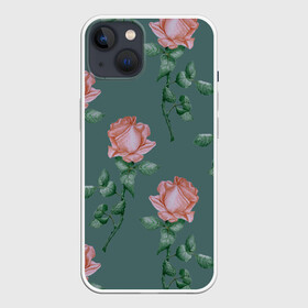 Чехол для iPhone 13 с принтом Красные розы на зеленом фоне в Рязани,  |  | 8 марта | flowers | march 8 | spring | ботаническая иллюстрация | весна | день рождения | зеленый | красный | лето | любовь | праздник | принт | природа | растения | роза | цветы