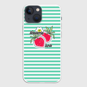 Чехол для iPhone 13 mini с принтом Цветы и ягоды земляники в Рязани,  |  | детский | зеленый | земляника | красный | малышам | полосатый | современный | цветы | ягодный паттерн | ягоды