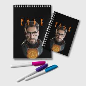 Блокнот с принтом HALF-LIFE | FREEMAN | ФРИМАН (Z) в Рязани, 100% бумага | 48 листов, плотность листов — 60 г/м2, плотность картонной обложки — 250 г/м2. Листы скреплены удобной пружинной спиралью. Цвет линий — светло-серый
 | Тематика изображения на принте: aperture laboratories | black mesa | gordon freeman | half life | half life 3 | valve | блэк меса | вэлв | гордон фриман | халф лайф