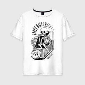 Женская футболка хлопок Oversize с принтом The skeleton in the chest в Рязани, 100% хлопок | свободный крой, круглый ворот, спущенный рукав, длина до линии бедер
 | bones | chest | halloween | holiday | pumpkin | skeleton | skull | кости | скелет | сундук | тыква | хэллоуин | череп