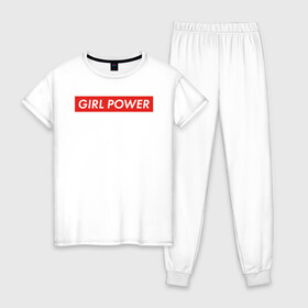 Женская пижама хлопок с принтом GIRL POWER в Рязани, 100% хлопок | брюки и футболка прямого кроя, без карманов, на брюках мягкая резинка на поясе и по низу штанин | girl power | grl pwr | suprime | девушка | девушки | женская сила | женщина | матриархат | рулят | свобода | сила | суприм | феминизм