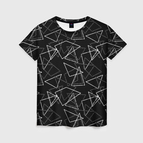 Женская футболка 3D с принтом Черно-белый геометрический  в Рязани, 100% полиэфир ( синтетическое хлопкоподобное полотно) | прямой крой, круглый вырез горловины, длина до линии бедер | абстрактный | геометрические фигуры | монохромный | мужской | треугольники | черный и белый | черный фон