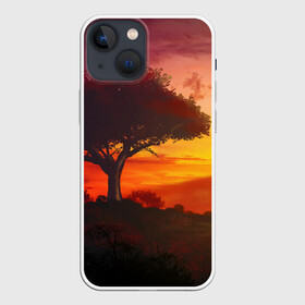 Чехол для iPhone 13 mini с принтом СОЛНЦЕ НАД АФРИКОЙ в Рязани,  |  | африка | дерево | живопись | облака | пейзаж | рассвет | рисунок | саванна