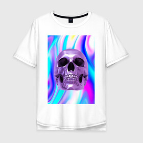 Мужская футболка хлопок Oversize с принтом Skull abstraction в Рязани, 100% хлопок | свободный крой, круглый ворот, “спинка” длиннее передней части | абстракция | блестки | блестящий фон | металлический цвет | скулы | стильный принт | череп | яркий принт