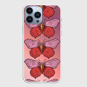 Чехол для iPhone 13 Pro Max с принтом Розовый принт с бабочками в Рязани,  |  | бабочки | градиент | грустый | меланхолия | мотылек | насекомые | розовый | цветочки
