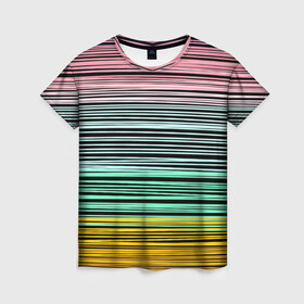 Женская футболка 3D с принтом Модный полосатый узор  в Рязани, 100% полиэфир ( синтетическое хлопкоподобное полотно) | прямой крой, круглый вырез горловины, длина до линии бедер | желтый | модный | молодежный | разноцветные линии | разноцветный полосатый | розовый | салатовый | современный