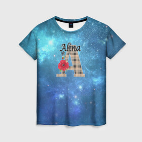 Женская футболка 3D с принтом Монограмма Алина в Рязани, 100% полиэфир ( синтетическое хлопкоподобное полотно) | прямой крой, круглый вырез горловины, длина до линии бедер | буква а | детский | красные цветы | молодежный | монограмма | синий | цветы
