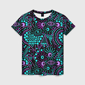 Женская футболка 3D с принтом Яркий абстрактный узор  в Рязани, 100% полиэфир ( синтетическое хлопкоподобное полотно) | прямой крой, круглый вырез горловины, длина до линии бедер | бирюзовый | в горошек | глаза | модный | молодежный | современный | фиолетовый | черный | экзотический