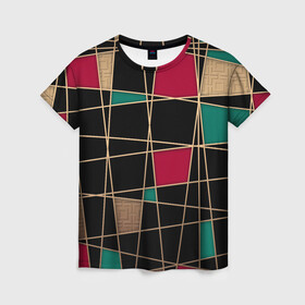 Женская футболка 3D с принтом Модный  абстрактный узор  в Рязани, 100% полиэфир ( синтетическое хлопкоподобное полотно) | прямой крой, круглый вырез горловины, длина до линии бедер | бирюзовый | золотой | красный | модный | молодежный | мужской | полосы | современный | текстура | черный