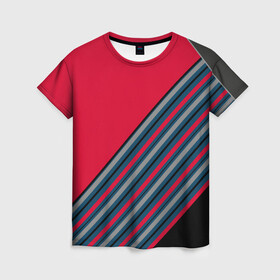 Женская футболка 3D с принтом Абстрактный асимметричный  в Рязани, 100% полиэфир ( синтетическое хлопкоподобное полотно) | прямой крой, круглый вырез горловины, длина до линии бедер | асимметричный | комбинированный | косые полосы | красный | красный и синий | креативный | модный | молодежный | мужской | синие полосы