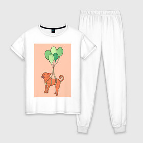 Женская пижама хлопок с принтом собака в Рязани, 100% хлопок | брюки и футболка прямого кроя, без карманов, на брюках мягкая резинка на поясе и по низу штанин | dog | воздушные шарики | летающая собака | полет | собака