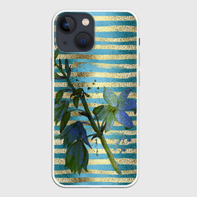 Чехол для iPhone 13 mini с принтом Сумеречные цветы и золото в Рязани,  |  | акварель | бирюзовые | брызги | вечер | женственный | золотистые | золото | золотые | полоски | сумерки | цветок | цветочки | цветочный | цветы