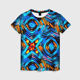 Женская футболка 3D с принтом Желто-синий абстрактный узор  в Рязани, 100% полиэфир ( синтетическое хлопкоподобное полотно) | прямой крой, круглый вырез горловины, длина до линии бедер | геометрический | желтый | модный | плетение | синий | современный | яркий синий