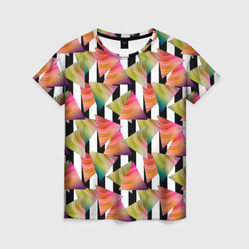 Женская футболка 3D с принтом Абстрактный полосатый узор  в Рязани, 100% полиэфир ( синтетическое хлопкоподобное полотно) | прямой крой, круглый вырез горловины, длина до линии бедер | абстрактный | геометрические фигуры | молодежный | полосатый | радужный | черные полосы