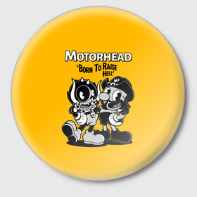 Значок с принтом Motorhead x Cuphead в Рязани,  металл | круглая форма, металлическая застежка в виде булавки | Тематика изображения на принте: alternative | cuphead | metall | motorhead | music | rock | альтернатива | капхэд | лемми | металл | моторхед | моторхэд | музыка | рок