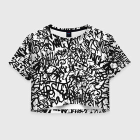 Женская футболка Crop-top 3D с принтом Graffiti black on white в Рязани, 100% полиэстер | круглая горловина, длина футболки до линии талии, рукава с отворотами | абстракция | граффити | надписи | надписи текстура | паттерн граффити | текстура | текстура граффити | шрифт