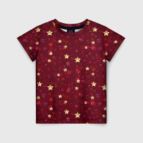 Детская футболка 3D с принтом Россыпи золотых звезд в Рязани, 100% гипоаллергенный полиэфир | прямой крой, круглый вырез горловины, длина до линии бедер, чуть спущенное плечо, ткань немного тянется | блеск | блестящий | детский | звезды | золото | золотой и красный | красный | модный
