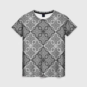 Женская футболка 3D с принтом Черно-белый орнамент  в Рязани, 100% полиэфир ( синтетическое хлопкоподобное полотно) | прямой крой, круглый вырез горловины, длина до линии бедер | абстрактный | ажурный | арабский | восточный | кружева | кружевной | современный | черно белый | черный