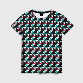 Женская футболка 3D с принтом Красно-черный абстрактный узор в Рязани, 100% полиэфир ( синтетическое хлопкоподобное полотно) | прямой крой, круглый вырез горловины, длина до линии бедер | абстрактный | геометрические фигуры | модный | молодежный | ртеугольники | современный