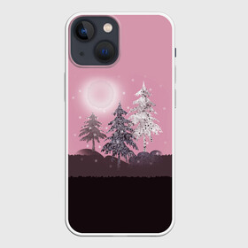 Чехол для iPhone 13 mini с принтом Розовое сияние в Рязани,  |  | елка | ель | зима | коричневый и розовый | лес | луна | мозаика | мозаичный узор | новогодний | розовый | солнце | утро
