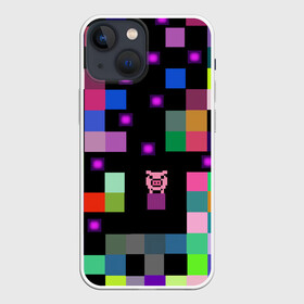 Чехол для iPhone 13 mini с принтом Arcade Pig в Рязани,  |  | аркада | аркадная игра | мозайка из пикселей | разноцветные квадраты | свинка | свинья на кубе | цифровые кубики