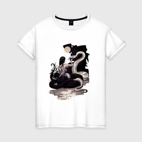 Женская футболка хлопок с принтом Нурэ-онна в Рязани, 100% хлопок | прямой крой, круглый вырез горловины, длина до линии бедер, слегка спущенное плечо | девушка | змеи | змея | ламия | мифические существа | нурэ онна | получеловек | танец змей | хвост