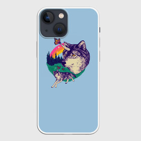 Чехол для iPhone 13 mini с принтом Волк единорог в Рязани,  |  | unicorn | бабочка | волки | деревья | детская | единорог | лес | радуга