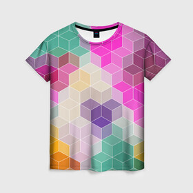 Женская футболка 3D с принтом Абстрактный разноцветный узор  в Рязани, 100% полиэфир ( синтетическое хлопкоподобное полотно) | прямой крой, круглый вырез горловины, длина до линии бедер | абстрактный | бирюзовый | бордовый | геометрические фигуры | модный | розовый | ромбы | современный