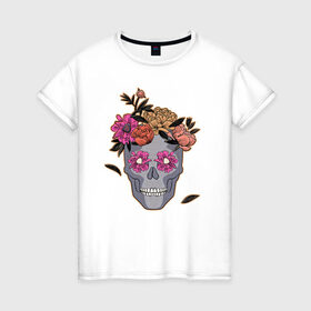 Женская футболка хлопок с принтом День мертвых Мексика в Рязани, 100% хлопок | прямой крой, круглый вырез горловины, длина до линии бедер, слегка спущенное плечо | calavera | sugar skull | день мертвых | иллюстрация | калавера | мексика | мексиканская вечеринка | мехико | рисунок | цветы | череп | череп с цветами